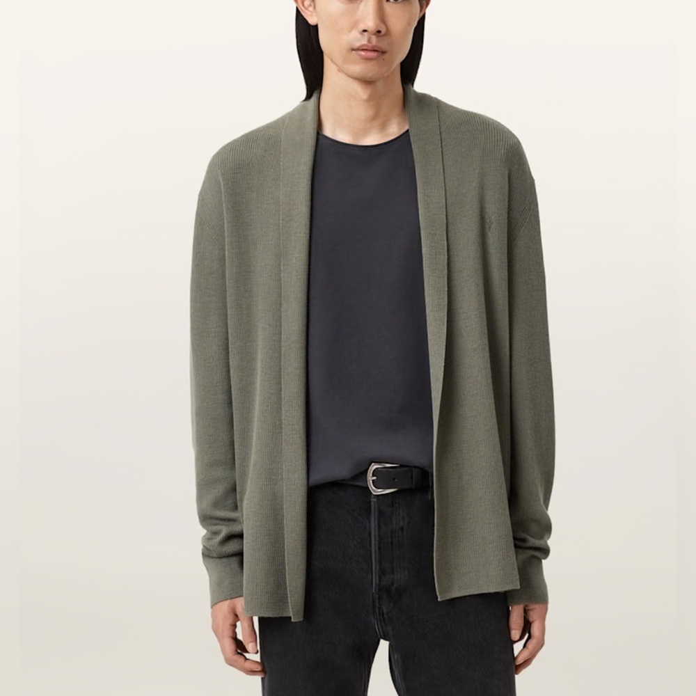 All Saints Deep Olive Gray Open-Front 100% Merino Wool Cardigan, Men’s Small